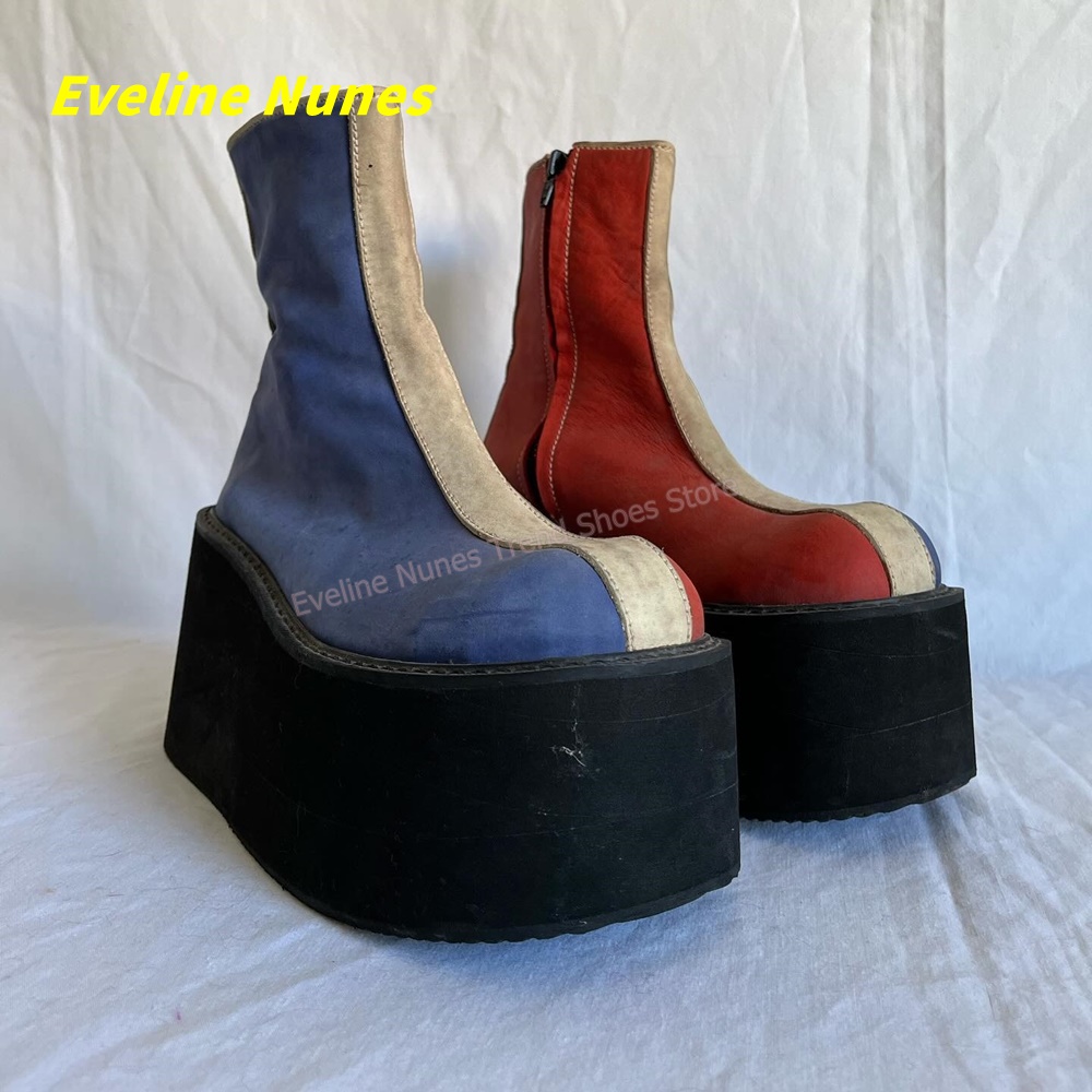 Women'S Fashion Trends - Y2K Rood Blauw Platform Enkellaarzen Ronde